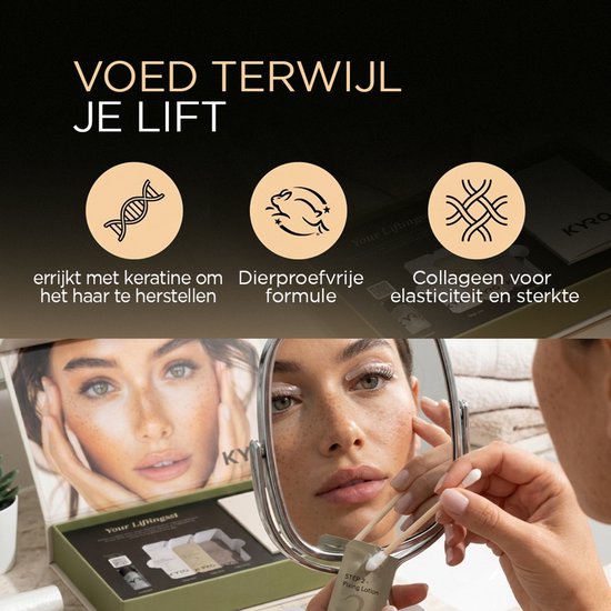 Jonge vrouw met sproeten gebruikt een wattenstaafje op haar oog voor een KYRO Beauty lash lift.