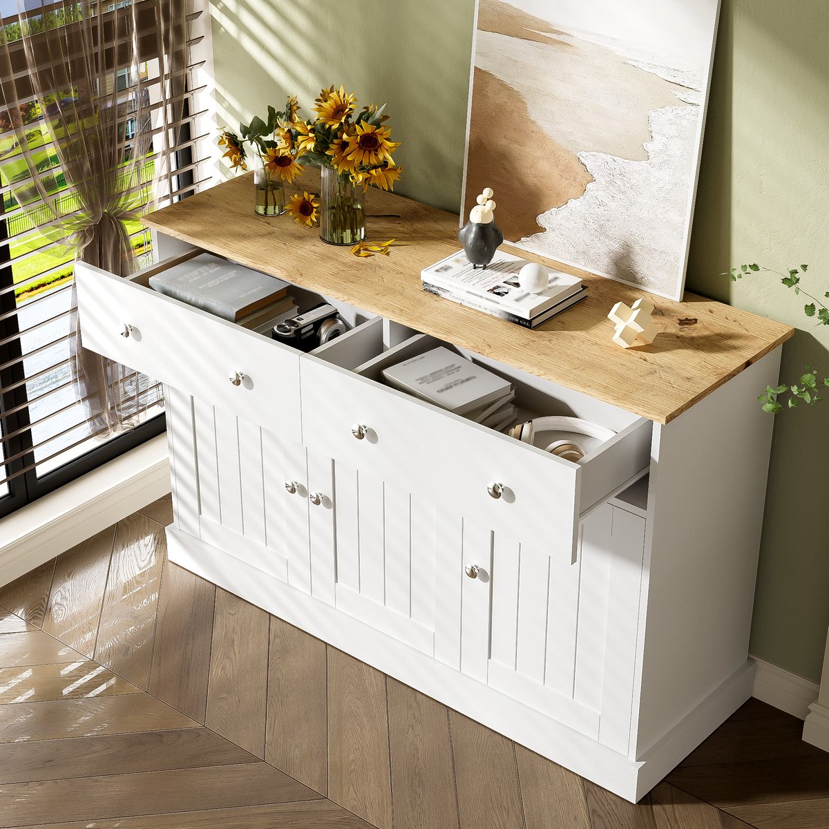MODENUIT Dressoir - 3 Deuren En 2 Laden Met Reliëf - Woonkamer En Hal - Spaanplaat Wit/Houtkleur - 120x36x80,5 cm