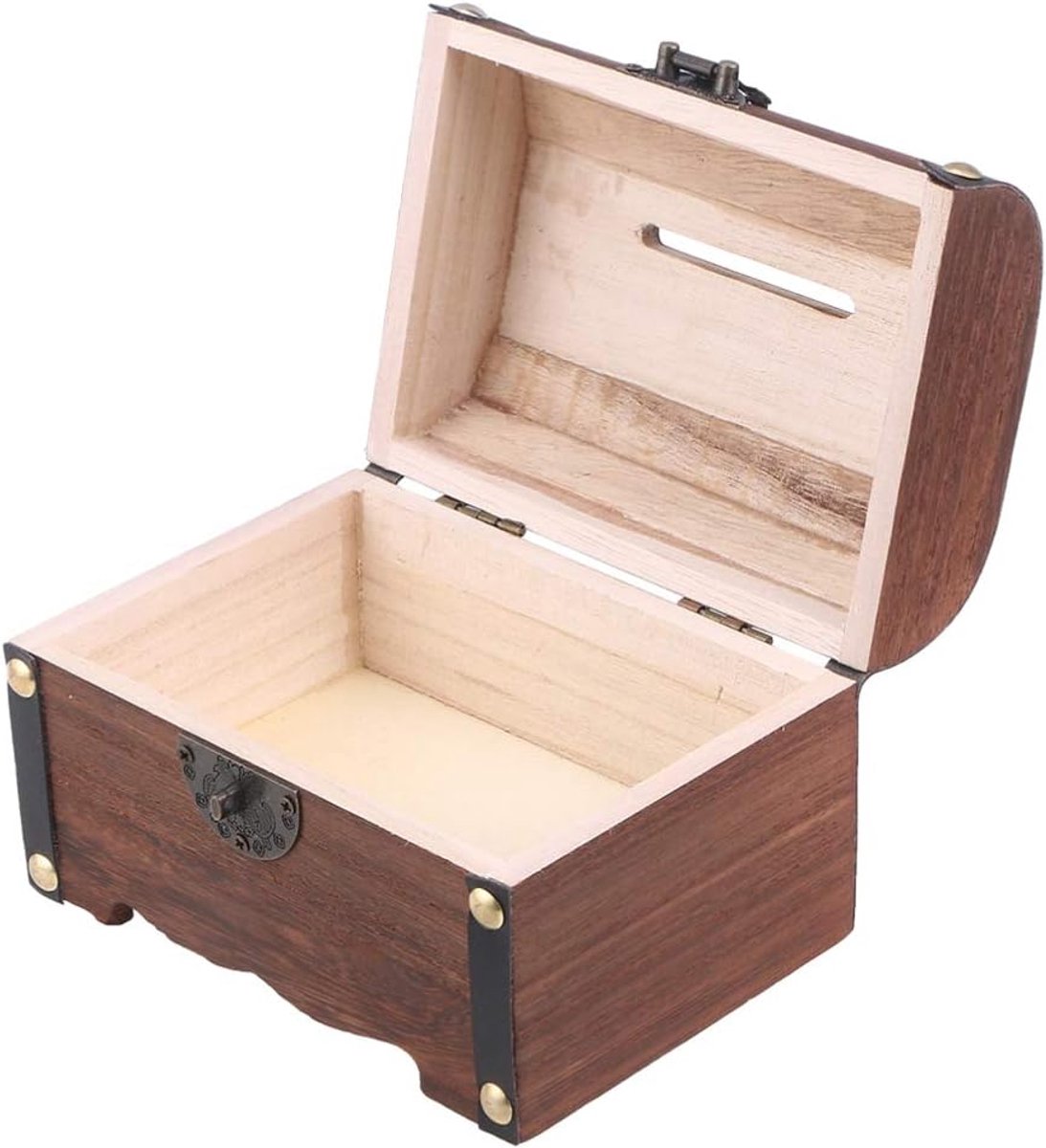 Houten Schatkist - Opbergdoos Spaarpot - Geld Bewaren - Met Slot en Sleutel - 10x9x6 cm - Houtkleur
