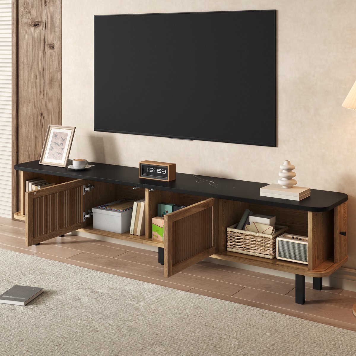 MODENUIT Tv-meubel - Schuifdeuren En Roosterdeur - Voor Woonkamer - MDF En Spaanplaat - 190x35x45 Cm - Eiken