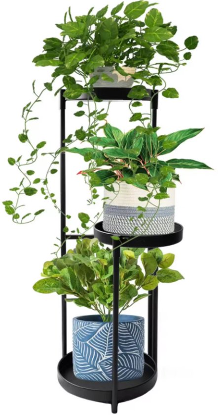 Support de plantes noir à trois niveaux, avec trois plantes différentes en pots.