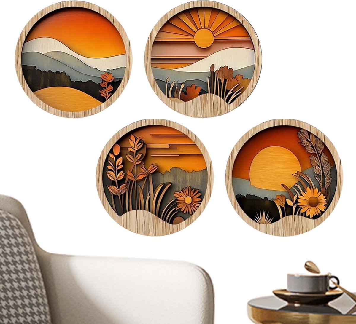 Boho Muurdecoratie Set - Houten Wandornamenten - Woonkamer Aankleden - Handgesneden Geometrisch - 4-delig - Meerkleurig