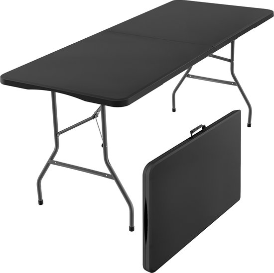 Zwarte inklapbare tafel en opgevouwen koffer met handvat.