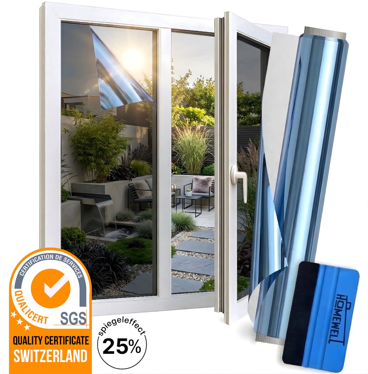 Homewell® Zonwerende Raamfolie - 60x200cm - Isolerend - Statisch & Herbruikbaar - Tegen Hitte & Inkijk - HR+ Geschikt – 25% Spiegeleffect Blauw