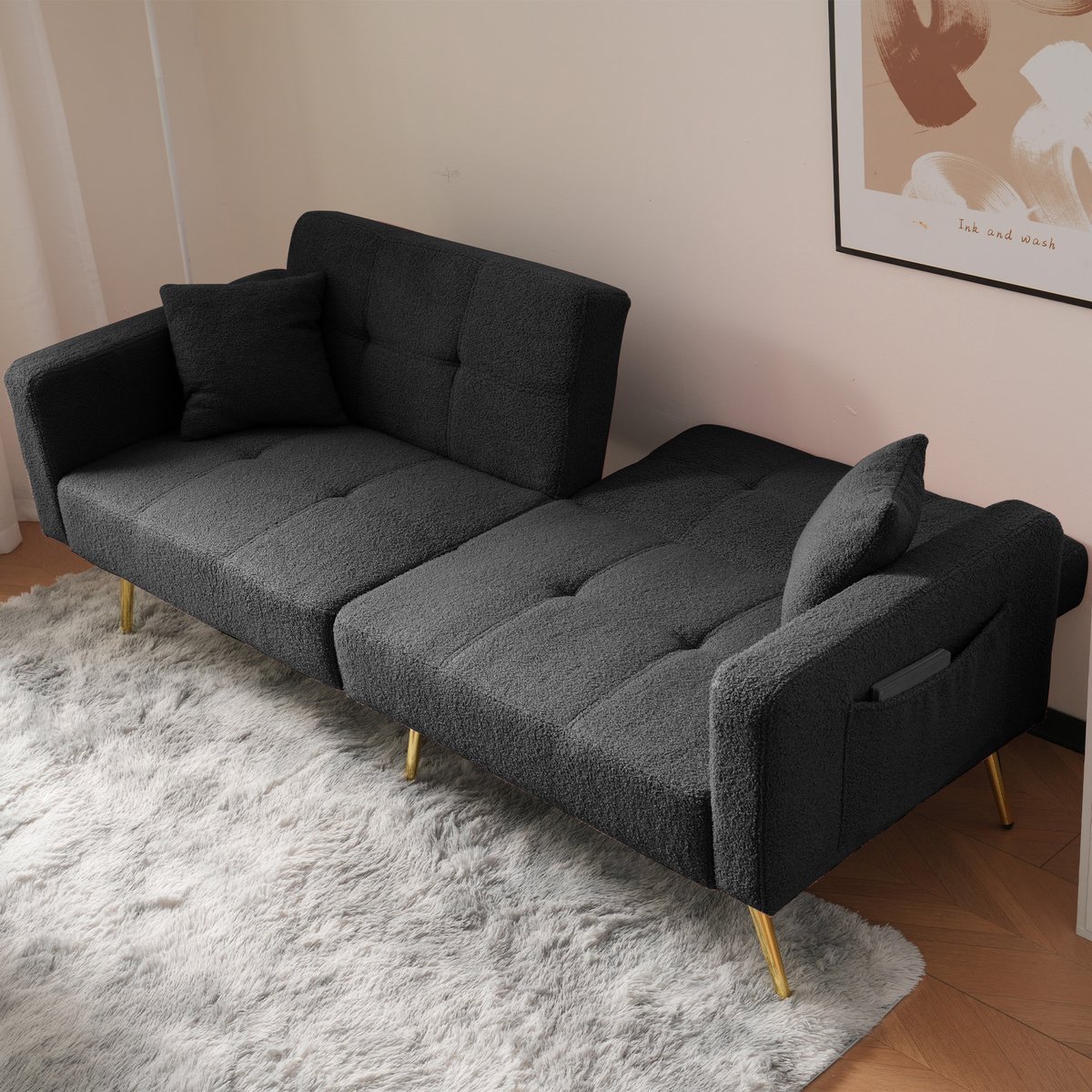 MODENUIT Slaapbank 175x64x72 cm - Verstelbare Rugleuning met Zijvakken - Voor Woonkamer - Sherpa - Antiekgrijs
