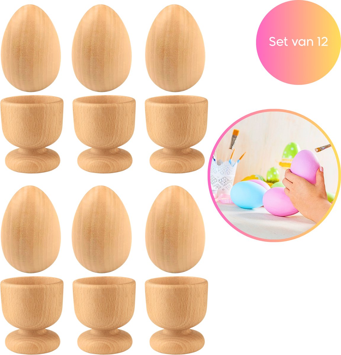 Janse® Houten eierdoppen met houten eieren - set van 12 - Houten eieren om te schilderen - Paaseieren - Creatief - Eierdopjes van hout - Ontbijt set - Knutsel activiteit