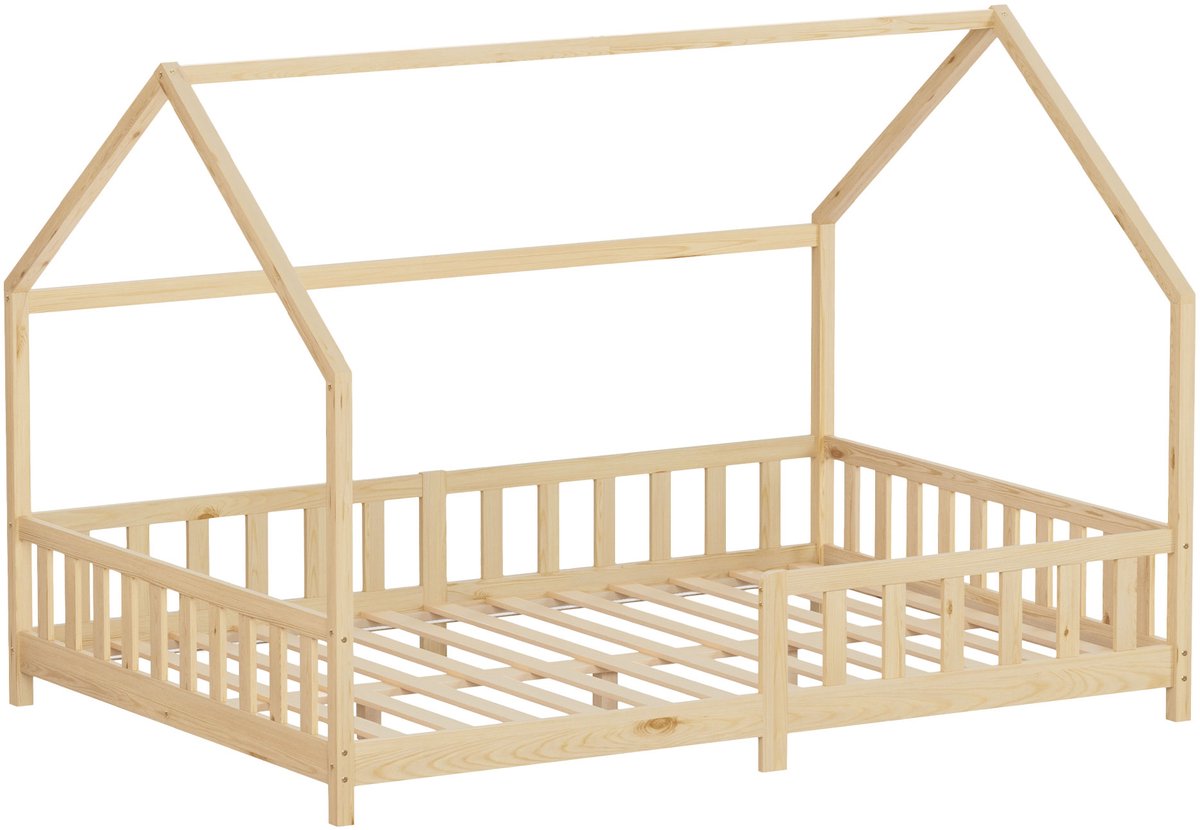 ml-design kinderbed montessori 140x200 cm met valbeveiliging houten huisbed voor meisjes en jongens massief grenenhout naturel dak lattenbodem duurzaam jeugdbed peuterbed juniorbed veilig en laag kinderbed slaapplaats kinderkamer bedframe Natuur