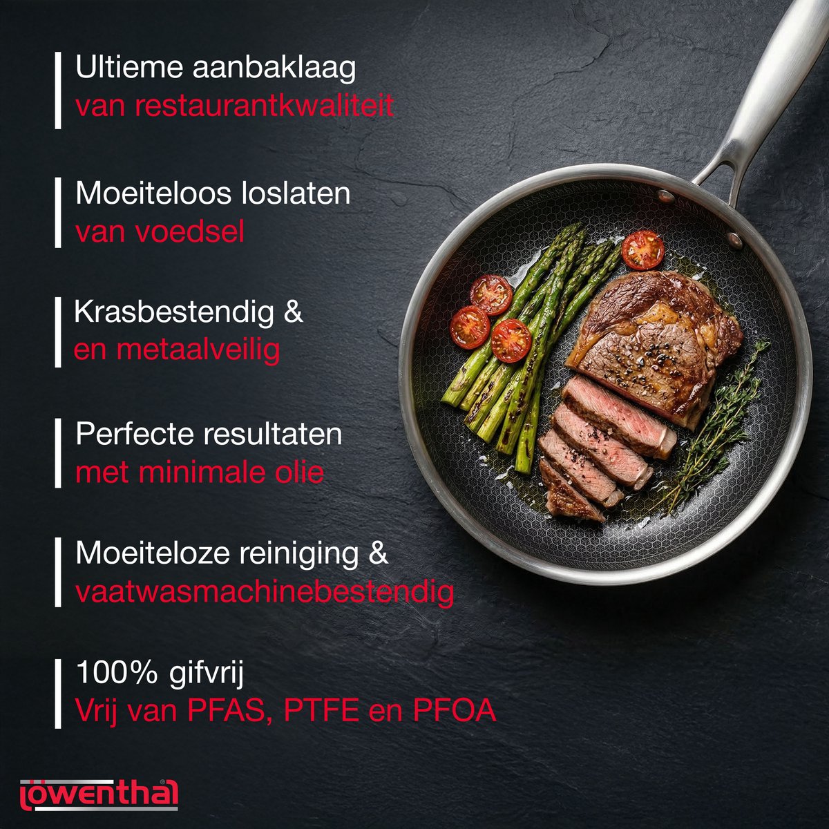 Koekenpannenset 3delig Ø 20, 24, 28 cm - PFAS Vrij & PTFE Vrij - RVS Honingraat - Inductie, Elektrisch, Keramisch & Gas - Hexagon Anti Aanbak Pan Krasvrij - Koudgrepen - Oven tot 280°C - Duurzame Keramische Coating - Keukengerei - Koken - Löwenthal — cadeau in Koken & Dineren - foto 2