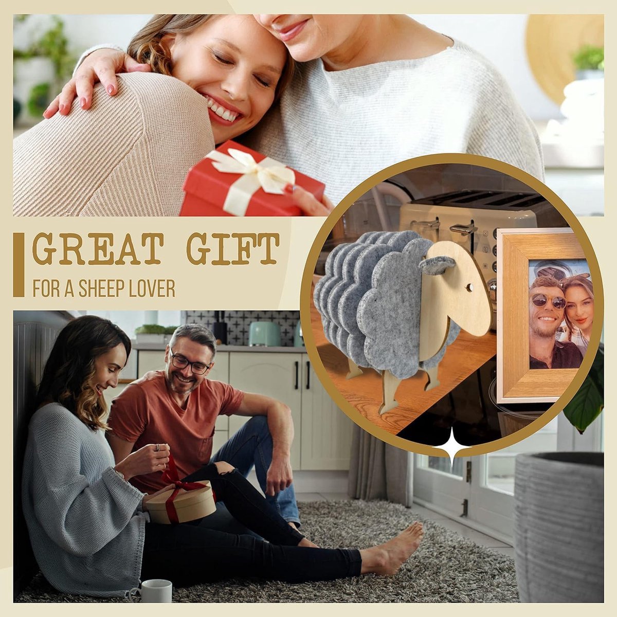Vilt Onderzetters Schaap - Set van 6 - Glasonderzetters met Houten Schaap Houder - Decoratieve Onderzetters - Grijs — cadeau in Wonen & Interieur - foto 3