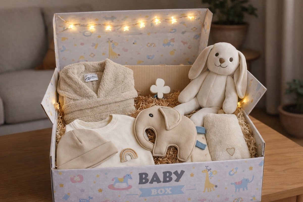 Blijeitje - Luxe 6-delige babycadeauset Beige – Kraamcadeau Unisex - Babyshower & Gender Reveal Cadeau Giftset – Badjas, Tutpop, Konijn Rammelaar, Babymutsje, Spuugdoek & Slab met Koordjes