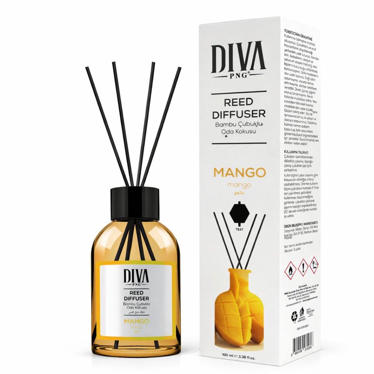 DIVA PNG Reed Diffuser Mango 100ml – Geurstokjes met Mangoparfum – Luxe Huisparfum met Bamboestokjes – Langdurige Geurverspreiding