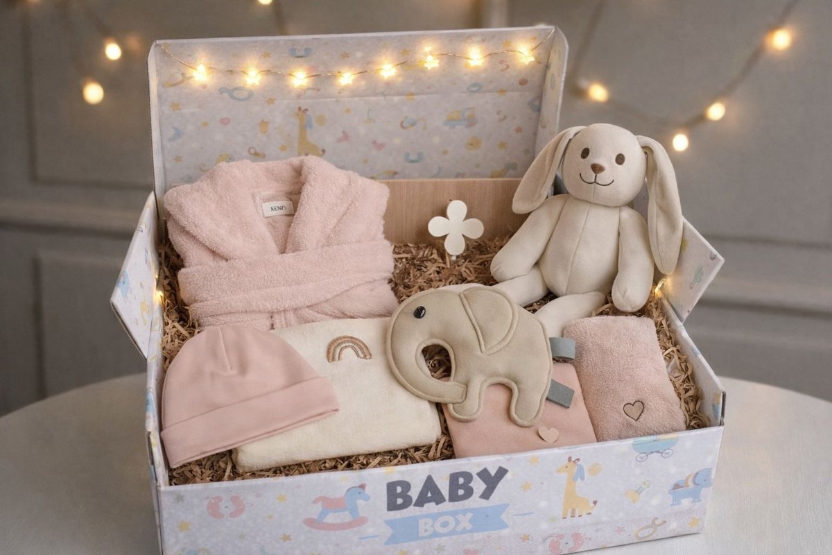 Blijeitje - Luxe 6-delige babycadeauset Roze – Kraamcadeau Meisje - Babyshower & Gender Reveal Cadeau Giftset – Badjas, Tutpop, Konijn Rammelaar, Babymutsje, Spuugdoek & Slab met Koordjes