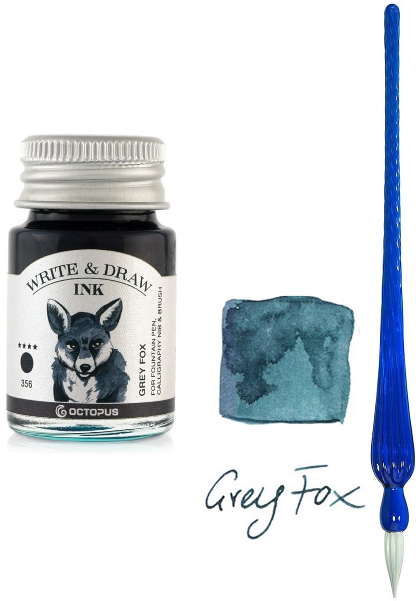 Glaspen - Glazen Dip Pen set in doosje - Blauw - Potje - Octopus - Vulpen inkt - grey fox