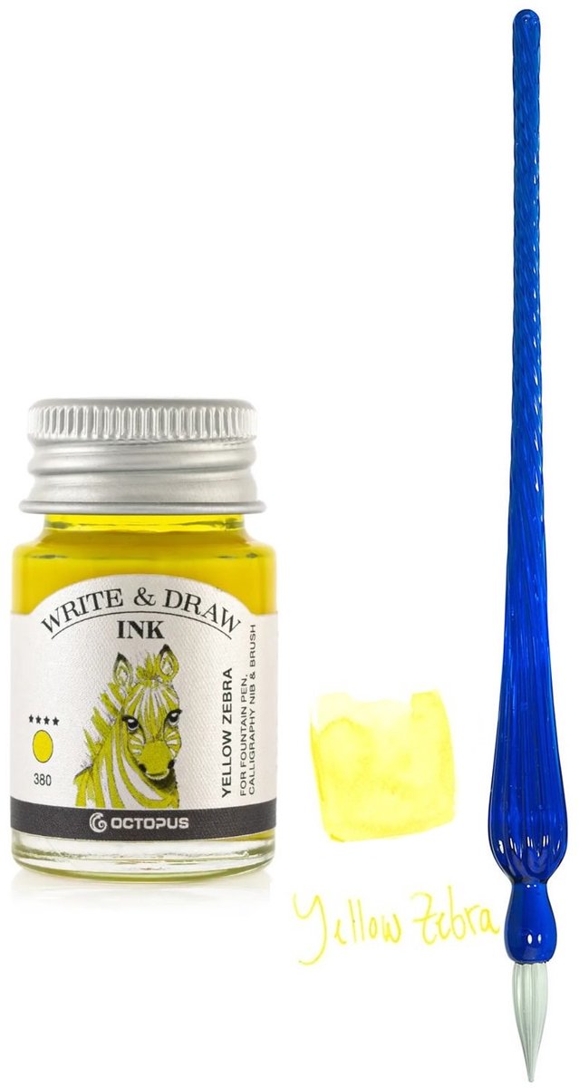 Glazen dip pen set in doosje - Blauw - Potje Octopus inkt yellow zebra