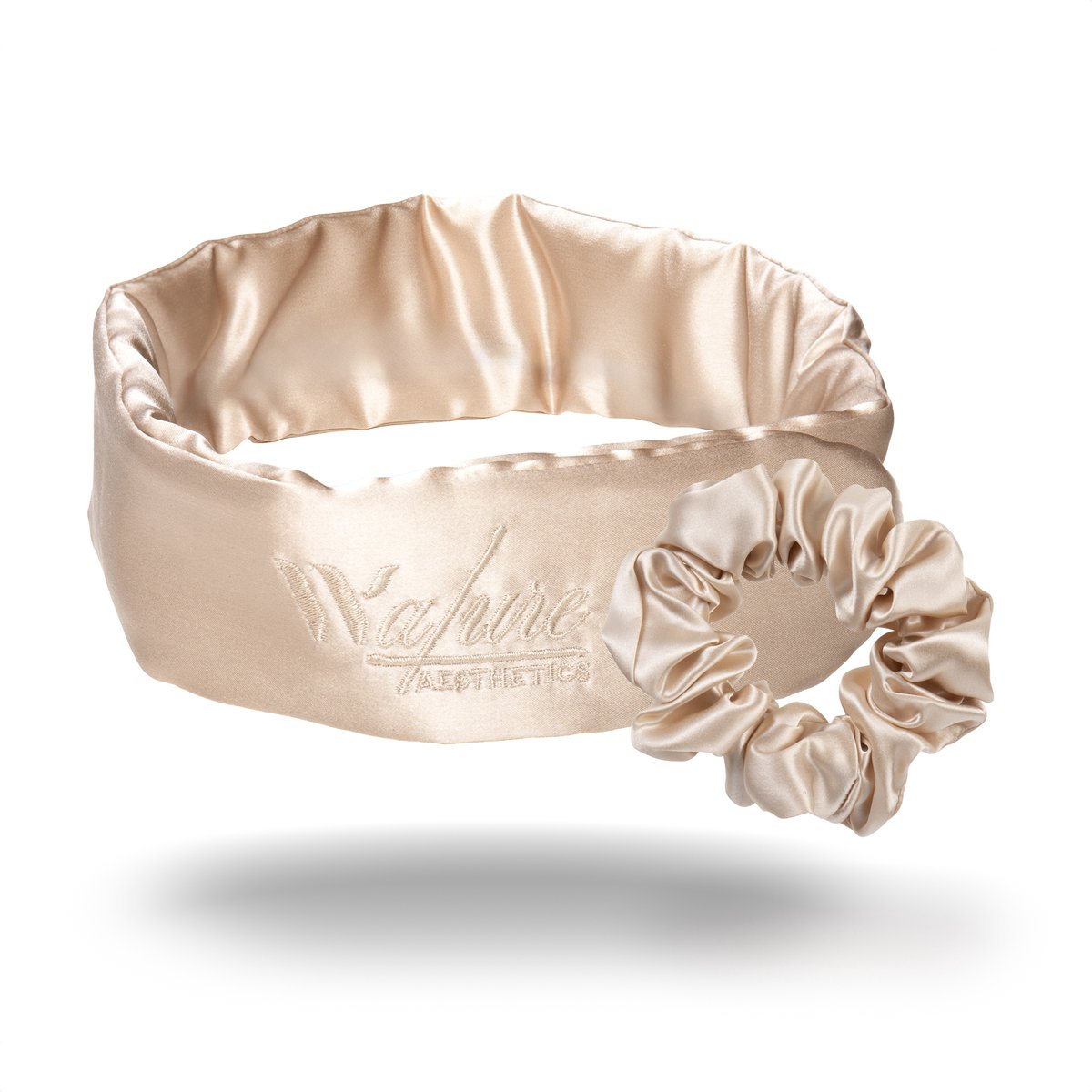 Moerbeizijde verstelbare hoofdband - Nachtsetje met scrunchie - 100% mulberry silk - anti-frizz haarband - zacht voor krullen & fijn haar - haar elastiek zonder haarbreuk - haarverzorging - luxe haaraccessoire - Walure Aesthetics - champagne