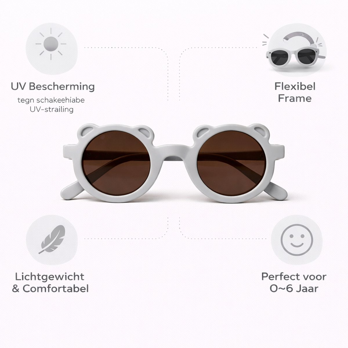 Kinderzonnebril met Berenoortjes – Rond – UV Bescherming – Flexibel – 0-6 Jaar – Grijs