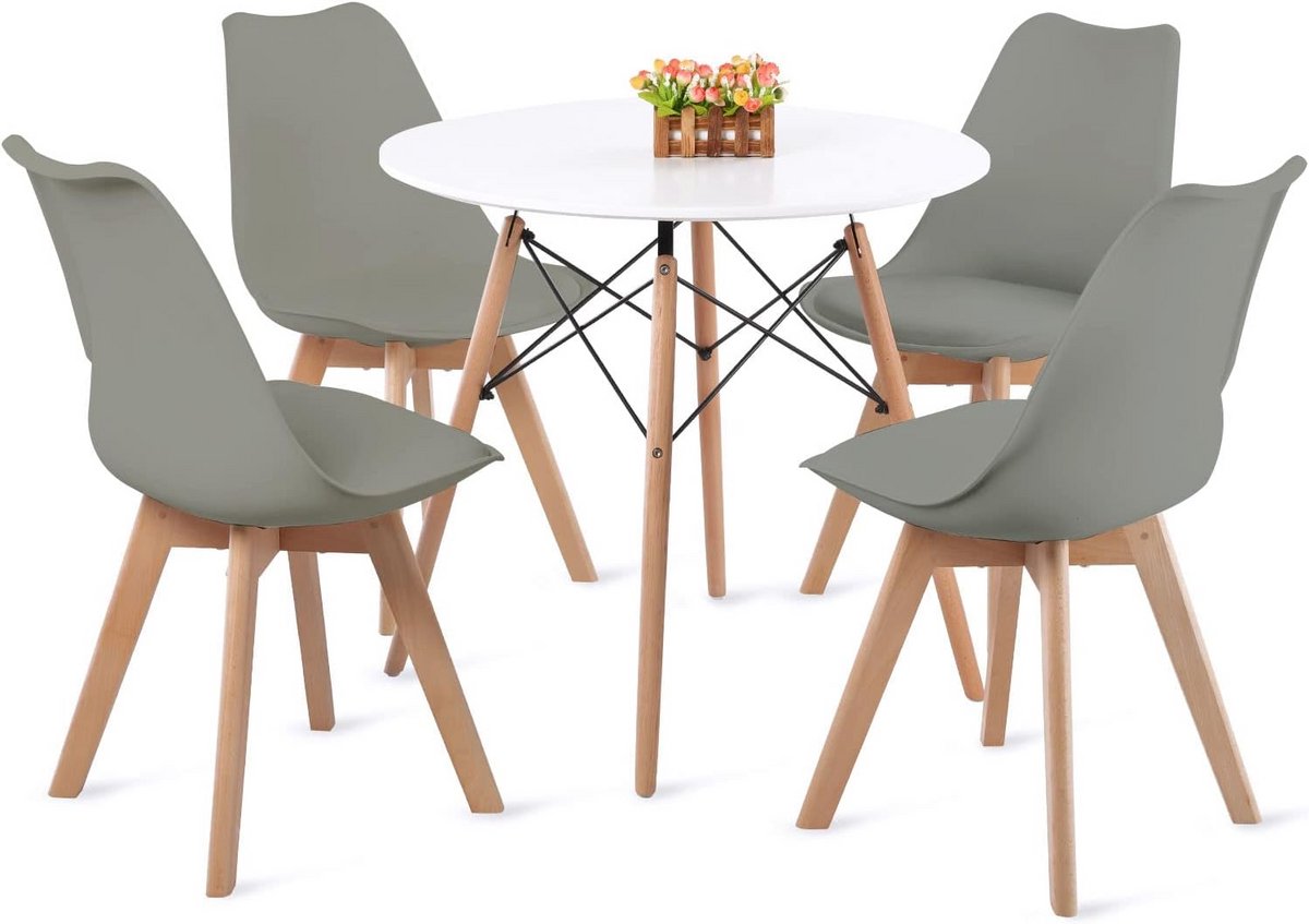 Ronde Eettafel met 4 Grijze Eetkamerstoelen - Scandinavisch Design voor Woon- en Eetkamer