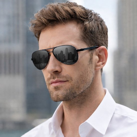 Aviator zonnebril op een man gedragen, met spiegelende glazen die een stadsgezicht weerspiegelen.