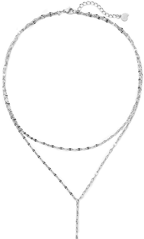 Gelaagde zilverkleurige ketting met fijne, platte schakels en een Y-vormige drop, getoond zonder model.