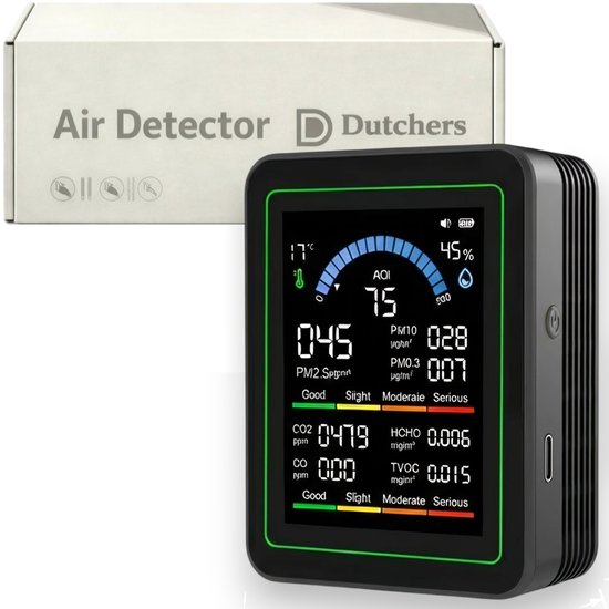 Dutchers® 10 in 1 Fijnstofmeter Voor binnenshuis - Alles in 1 meter - USB oplaadbaar - Co2-meter, Luchtkwaliteitsmeter, Luchtvochtigheidsmeter, Temperatuurmeter, Koolstofmeter en meer!