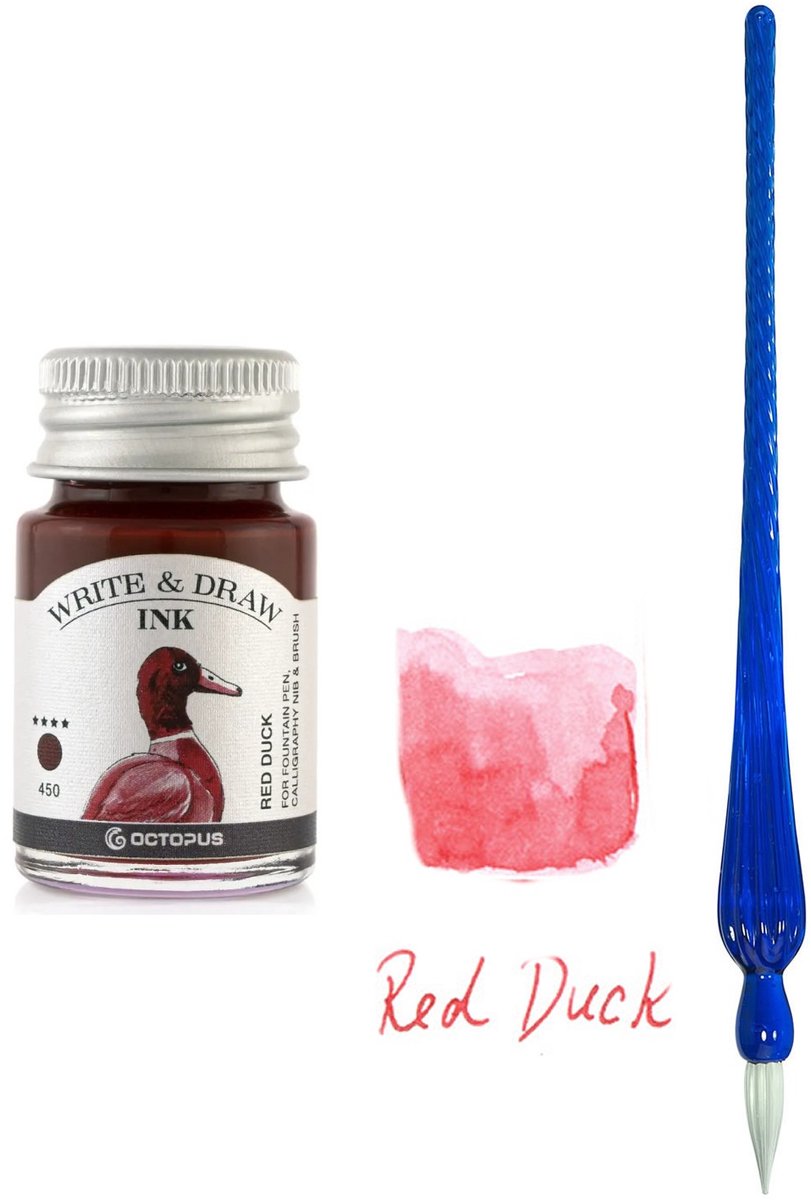 Glazen dip pen set in doosje - Blauw - Potje Octopus inkt red duck
