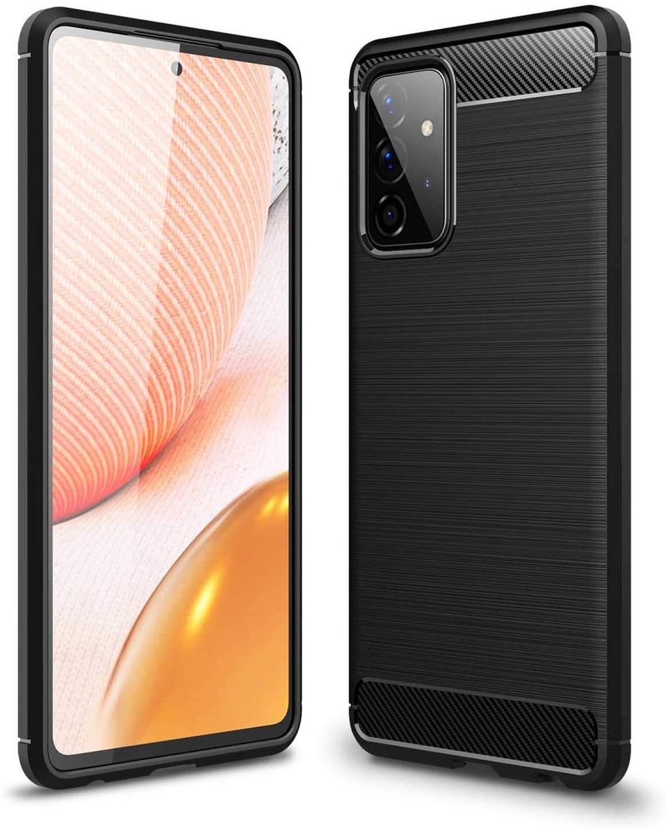 Hoesje Geschikt voor Samsung A72 Backcover Carbon Style Siliconen Case TPU Hoesje Zwart - Luxe Telefoonhoesje Wallet Case Pasjeshouder PU Leder