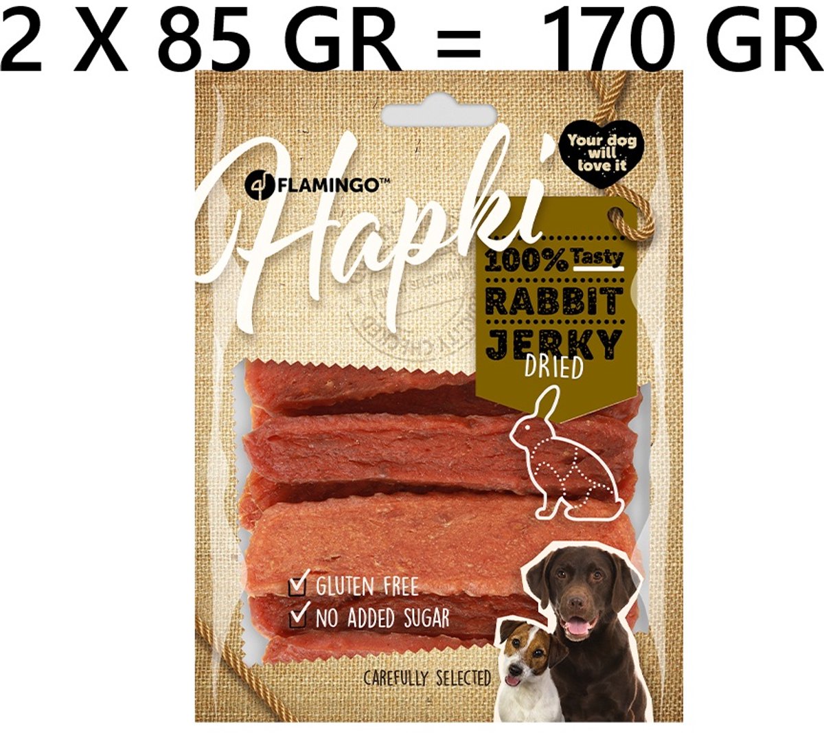 ** 2 X ** Flamingo hapki rabit strips dried - hondensnacks - 85 gr - glutenvrij - geen toegevoegde suiker - = 170 gram