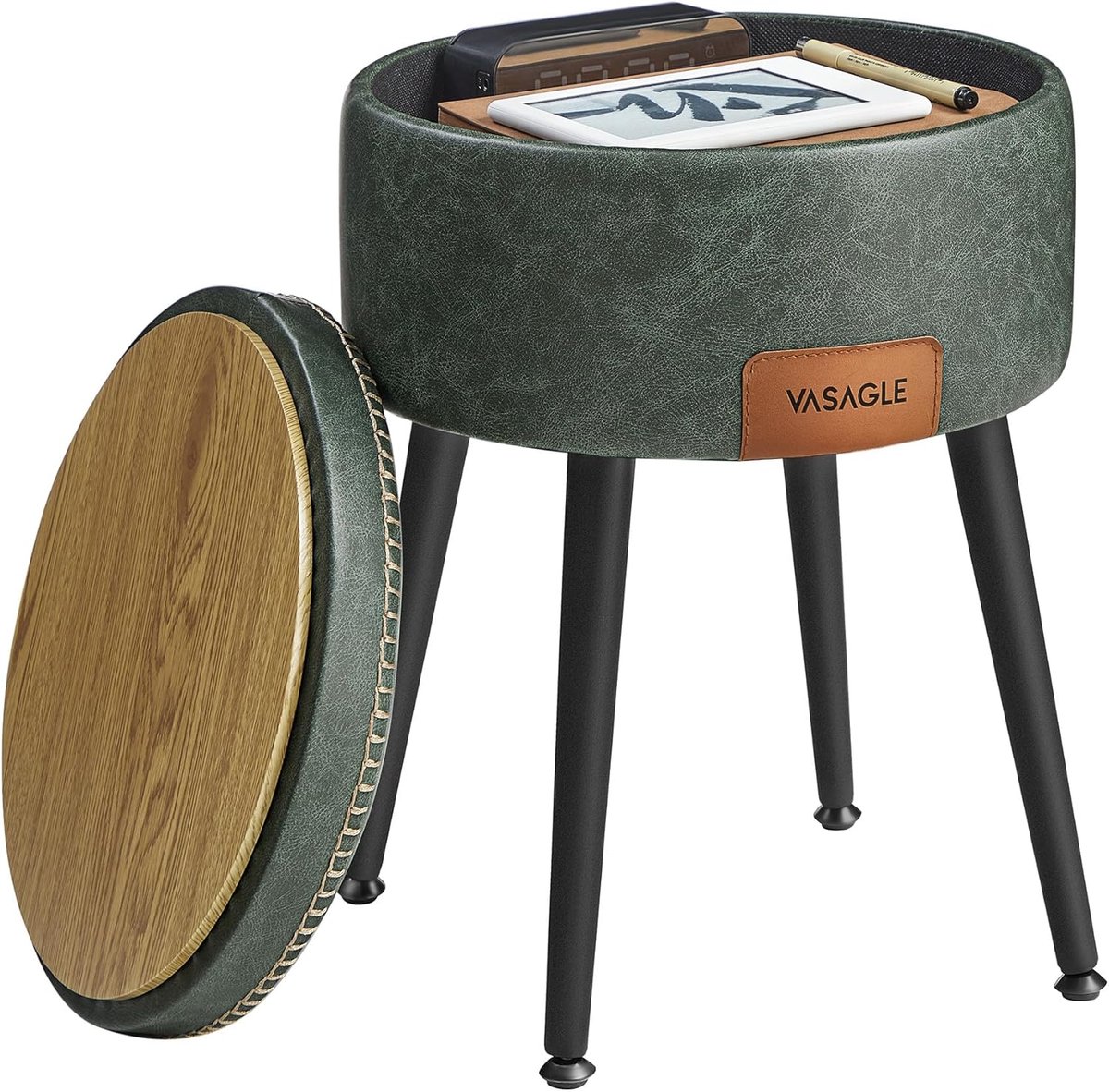Hoppa! Opbergpoef - Bosgroen - Staal - 25D Schuim Met Hoge Veerkracht - Pu (Polyurethaan) Leer - Multiplex - 38,2 Ø x 44,4 cm H