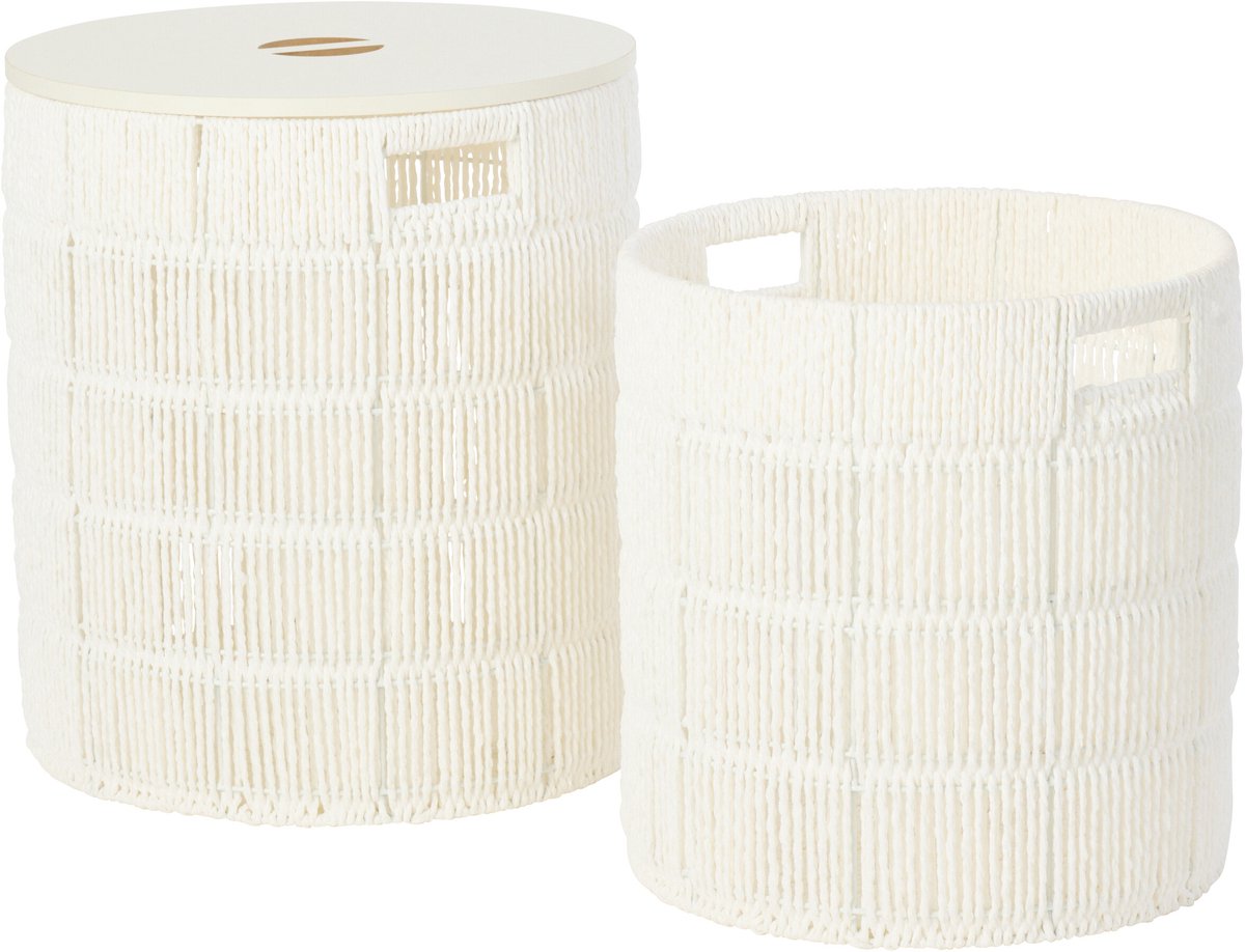 J-Line mand + deksel Rond - ijzer/papier - wit - set van 2