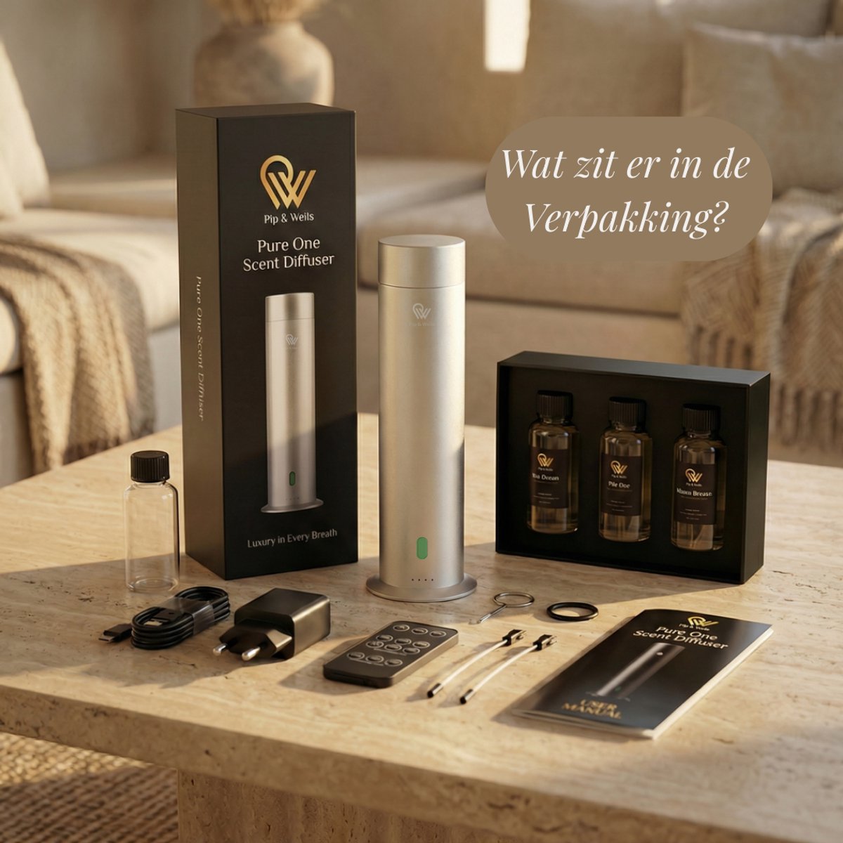 Pip & Wells® Pure One Aroma Diffuser – Waterloze Geurverspreider met 3 Hotelgeuren – Etherische Olie - 360ml – Mat Zilver - Inclusief Afstandsbediening & Oplader — cadeau in Wonen & Interieur - foto 7