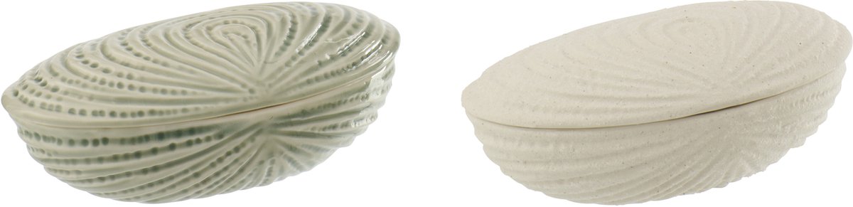 J-Line decoratie Doos Schelp - keramiek - wit/olijfgroen - 2 stuks