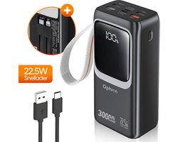 Ophion® Powerbank PRO 30.000 mAh – 7 Oplaadpoorten – Quick charge – Snellader 22.5 W voor USB-C, USB-A, Micro-USB – Inclusief Kabel – Noodpakket – Zwart