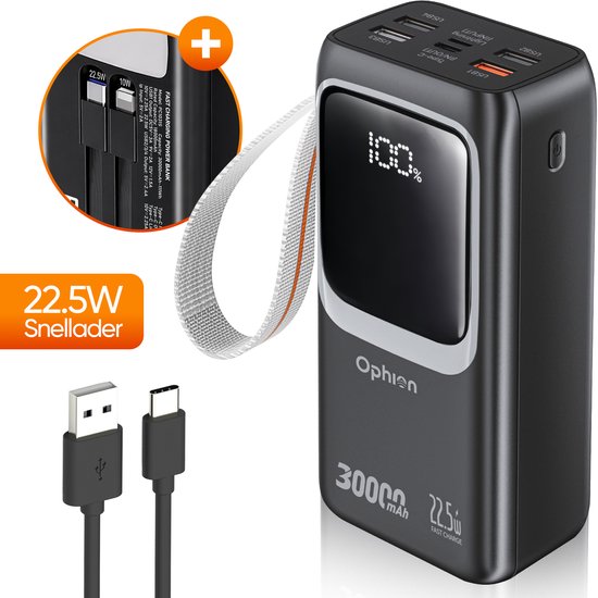Ophion® Powerbank PRO 30 000 mAh – 7 Ports de recharge – Quick charge - Chargeur rapide 22.5 W pour USB-C, USB-A, Micro-USB - Câble inclus – Kit d'urgence - Zwart