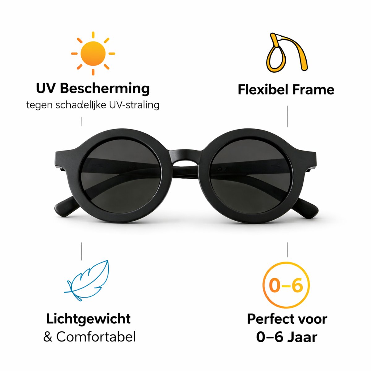 Kinderzonnebril – Rond – UV Bescherming – 2-6 Jaar – Zwart