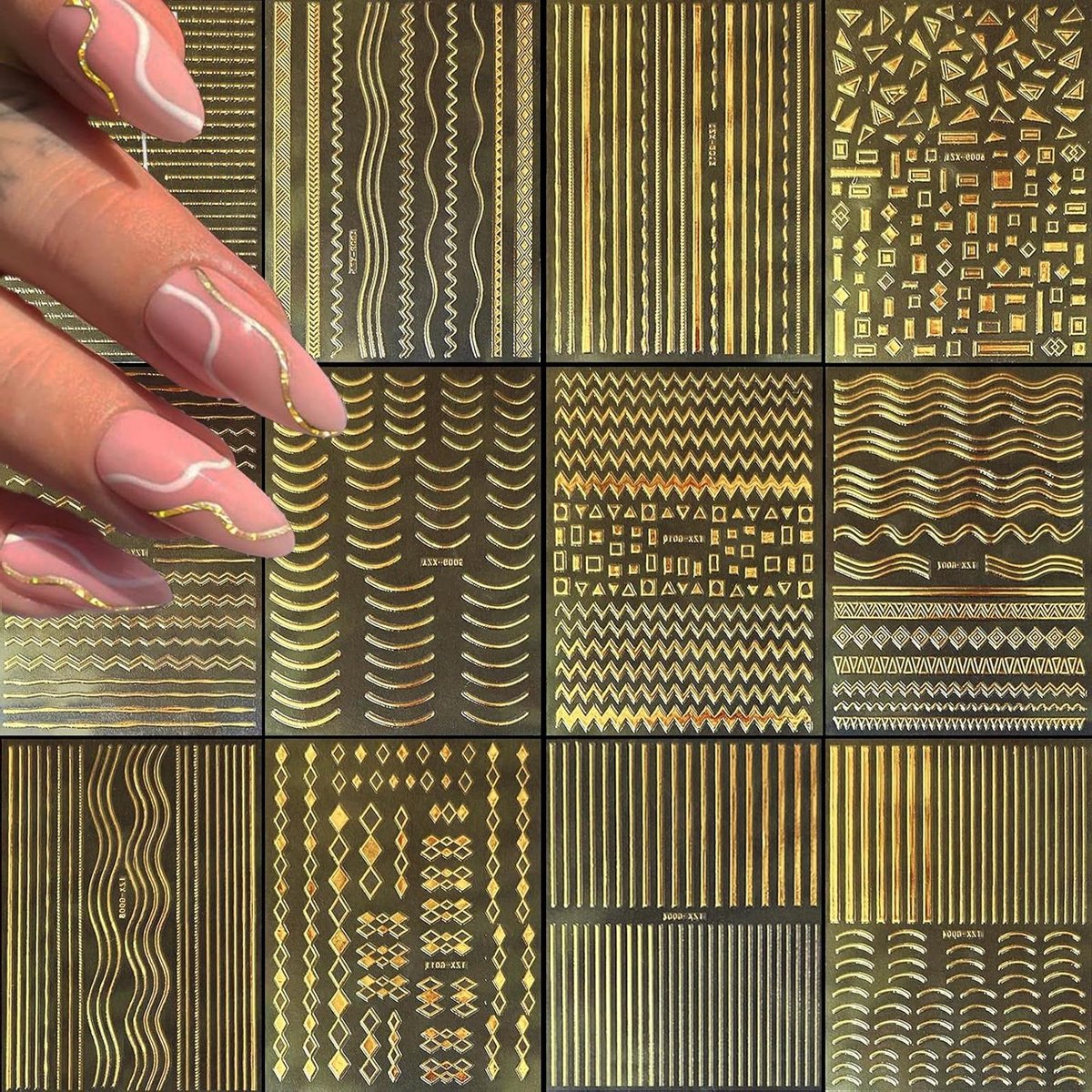 12 vellen nagelstickers - Gouden lijnen, 3D metalen strips, wave design