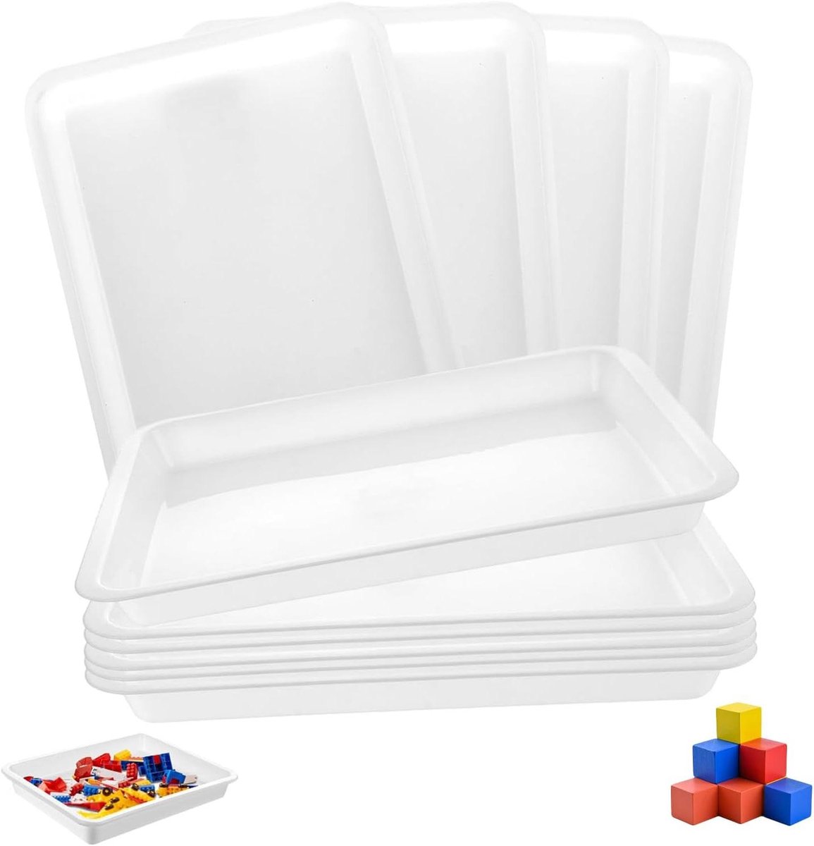 Dienbladset van 10 stuks, rechthoekig, kunststof dienblad 28x22x2,8 cm - Bouwstenen tray.