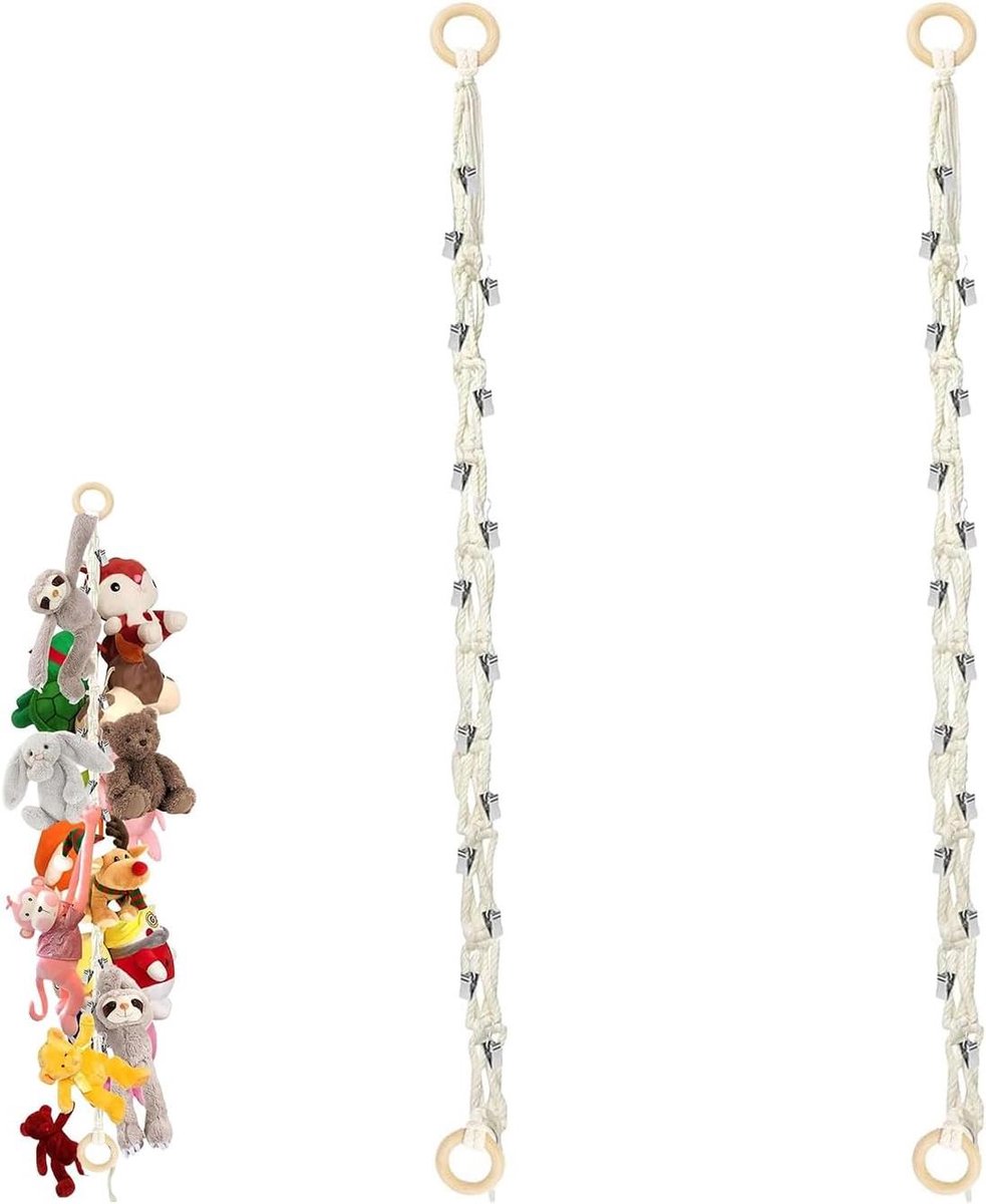 Opslag voor knuffeldieren - set van 2 houders met ringen en clips - 2 meter hangmat voor pluche dieren - opbergsysteem en organizer.