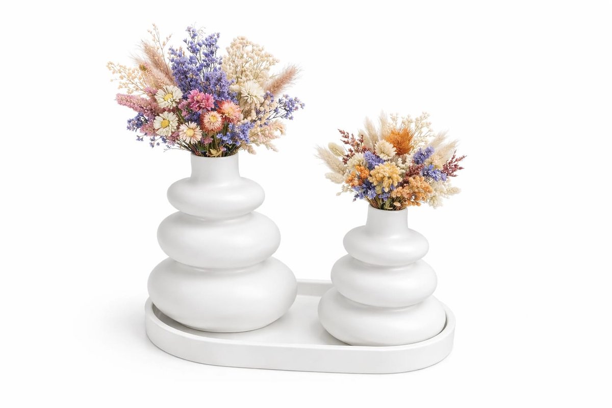 QORVANE Home - 3-delige witte vaas set met tray - decoratieve siervazen voor moderne woondecoratie