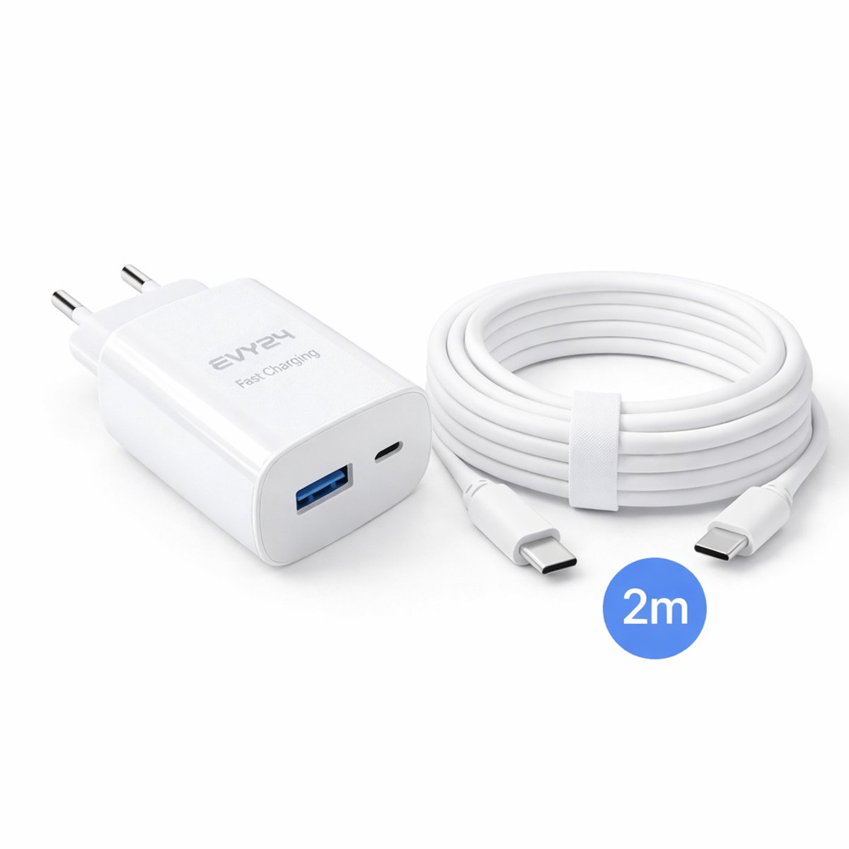 Evy24 Oplader 25W Wit - Snellader Power Delivery - 2M USB-C Kabel 60W - USB-C USB-A - iPhone & Android