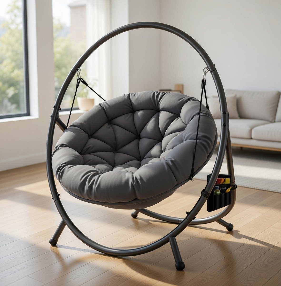 Hangstoel met standaard 1-persoons ei stoel 167,5 x 115,5 cm tot 150 kg – indoor outdoor schommelstoel met kussen en zijtas antraciet – NoviHome