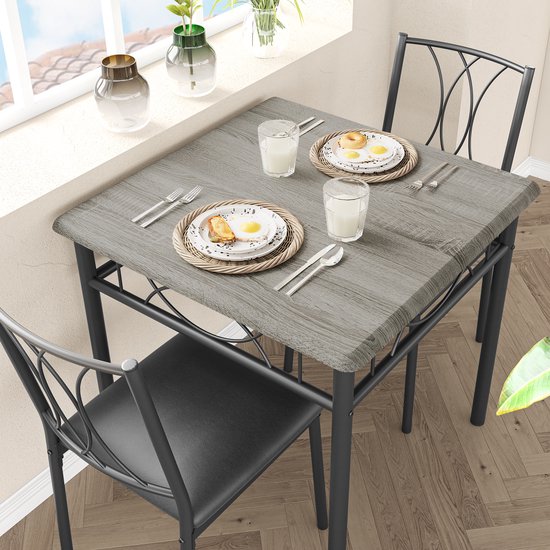 Eettafel voor 2 personen grijs - Vierkante keukentafel met 2 gestoffeerde stoelen van metaal & hout, ideaal voor kleine ruimtes en appartementen