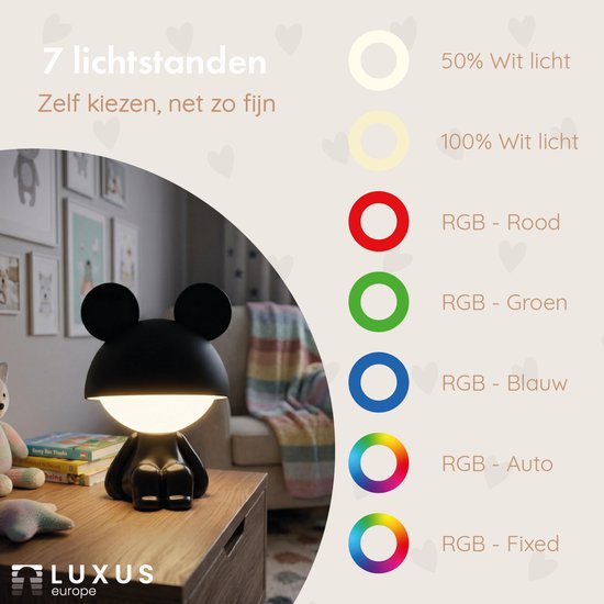 Luxus Nachtlamp Kinderkamer Mouse - Zwart - Nachtlampje baby - Voor kinderen - Slaapkamer - 7 kleuren licht - RGB - Bluetooth speaker - Draadloos - Oplaadbaar van Merkloos — afbeelding 2