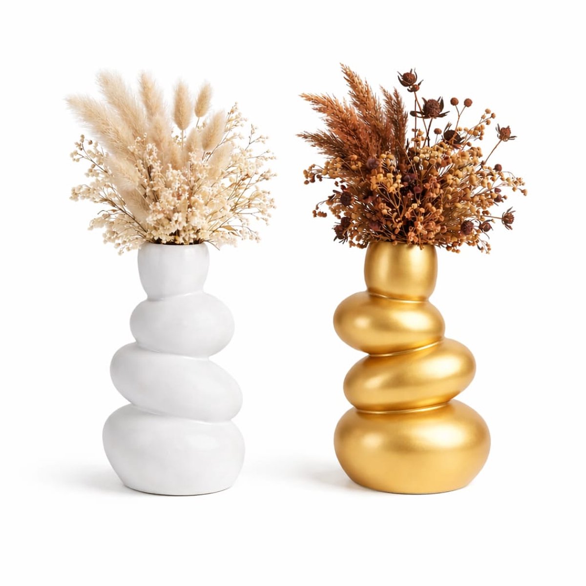 QORVANE Home - 2-delige abstracte vaas set - wit en goud - sculpturale siervazen voor moderne woondecoratie
