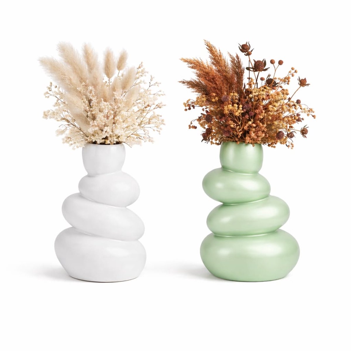 QORVANE Home - 2-delige abstracte vaas set - wit en mint - sculpturale siervazen voor moderne woondecoratie
