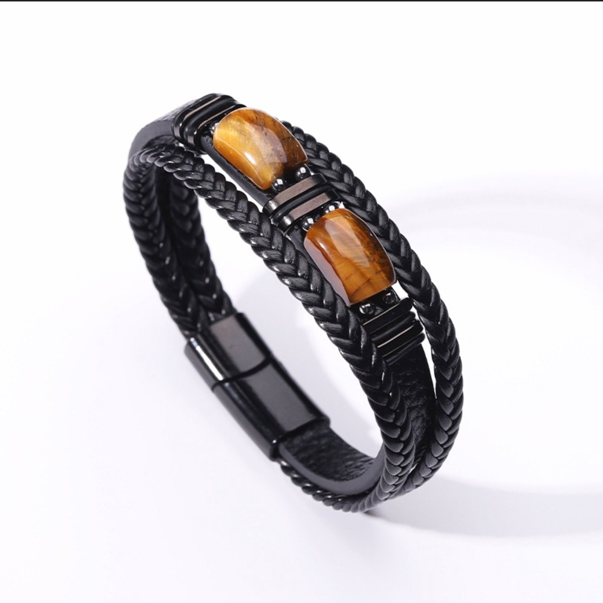 Helin life Heren Sieraad,9 Inch Heren Tijgeroog Natuurstenen Armband, Gevlochten Lederen Armband met Magneetsluiting