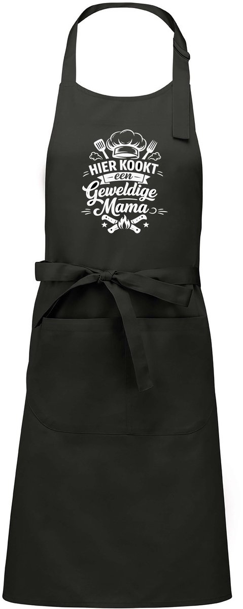 mijncadeautje - luxe schort - hier kookt een geweldige mama - grijs - opdruk wit