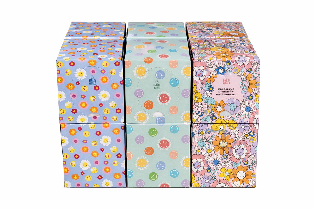 SmileyWorld® ultra zachte tissues - zakdoekjes - kleurrijke en gevarieerde ontwerpen - 3 unieke ontwerpen – compact formaat voor dagelijks gebruik - 12 sets kubusdozen met 48 vellen per doos- 12 x 48 stuks = 576 zakdoekjes-