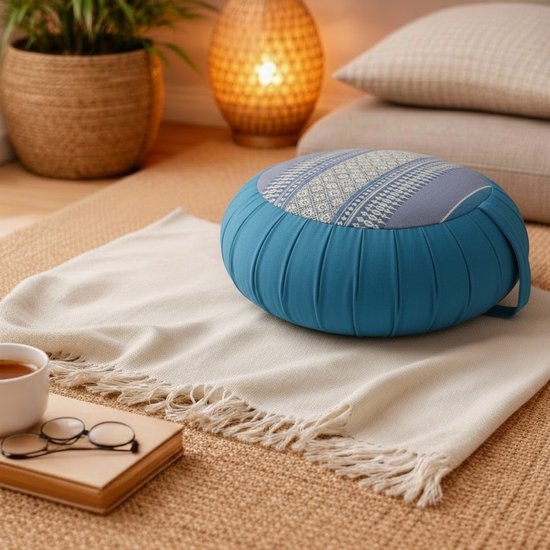 Zafu kussen - Yogakussen - Meditatie kussen - Rond meditatiekussen - Thais kussen - Kapok - 40x40x18 cm - Blauw/grijs van Merkloos — afbeelding 4
