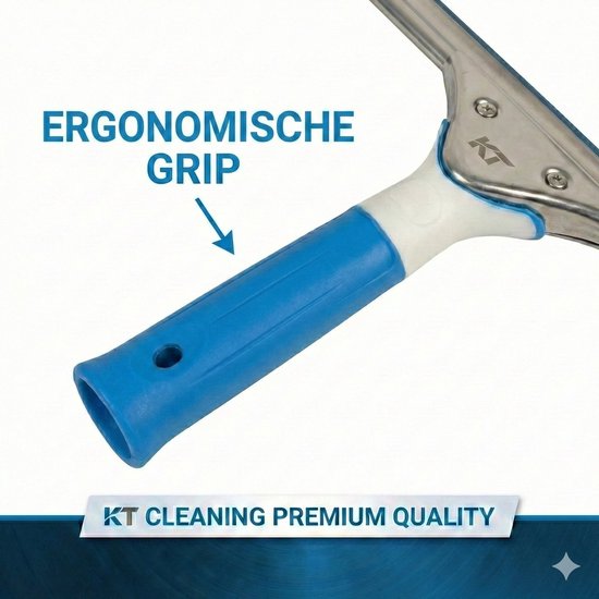 Raamtrekker met ergonomische blauwe grip en roestvrijstalen steel.