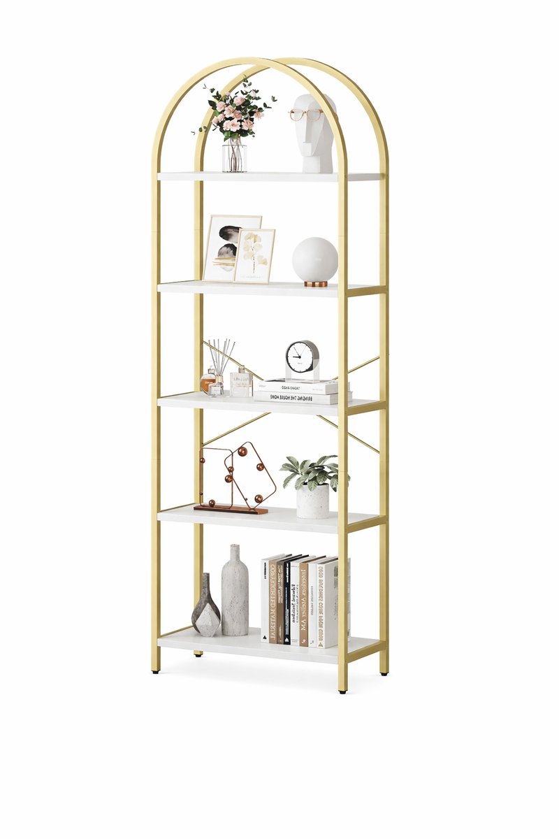 Lifero Boekenkast - Wandkast - Boekenrek - Stellingkast - Woonkamer Kast - 60 x 28 x 180 cm - Goud met Marmerlook Planken